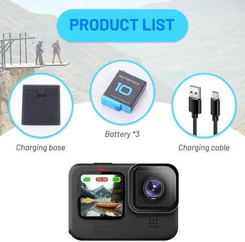 قم بترقية 3 بطاريات Hero 10 لكاميرا Hero 12، Hero 11، Hero 10، Hero 9 Black Sport Action مع محطة شحن بطارية ذات 3 قنوات، ملحقات محمولة سريعة الطاقة in Kuwait