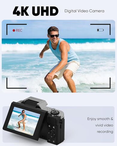 كاميرا رقمية 4K للتصوير الفوتوغرافي، كاميرا تسجيل فيديو واي فاي بدقة 64 ميجابكسل لليوتيوب مع شاشة قلاب 2.8 بوصة 180 درجة، كاميرا فيديو بتكبير بصري 6X UHD بتركيز تلقائي مع بطاقة SD سعة 32 جيجابايت، بطاريتان (أسود) in Kuwait