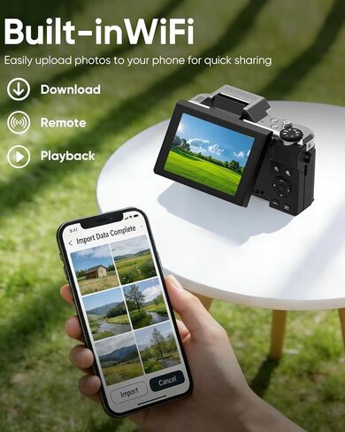 كاميرا رقمية 4K للتصوير الفوتوغرافي، كاميرا تسجيل فيديو واي فاي بدقة 64 ميجابكسل لليوتيوب مع شاشة قلاب 2.8 بوصة 180 درجة، كاميرا فيديو بتكبير بصري 6X UHD بتركيز تلقائي مع بطاقة SD سعة 32 جيجابايت، بطاريتان (أسود) in Kuwait