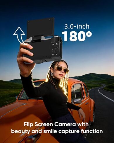 كاميرا رقمية 4K للتصوير الفوتوغرافي، كاميرا تسجيل فيديو واي فاي بدقة 64 ميجابكسل لليوتيوب مع شاشة قلاب 2.8 بوصة 180 درجة، كاميرا فيديو بتكبير بصري 6X UHD بتركيز تلقائي مع بطاقة SD سعة 32 جيجابايت، بطاريتان (أسود) in Kuwait