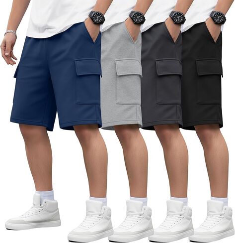 4 Pack Boy's Cargo Shorts Kids Athletic Basketball Bermuda Elastic Waist Sweat Shorts with Pockets 5-16 Years in Saudi Arabia
