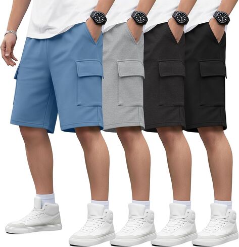 4 Pack Boy's Cargo Shorts Kids Athletic Basketball Bermuda Elastic Waist Sweat Shorts with Pockets 5-16 Years in Kuwait