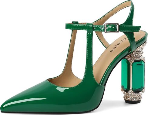 حذاء نسائي بكعب عالٍ بكعب عريض للنساء حذاء بكعب Slingback حذاء بمقدمة مدببة أنيق بكعب كريستالي 3.5 بوصة مع أحجار الراين in Kuwait