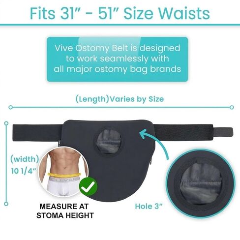 Vive Ostomy Belt for Men & Women - Adjustable Stealth Belt for Colostomy, Ileostomy, Urostomy, Ostomy Supplies - Waterproof & Odorless Abdominal Bag Cover - Stoma Guard (Black) in Saudi Arabia