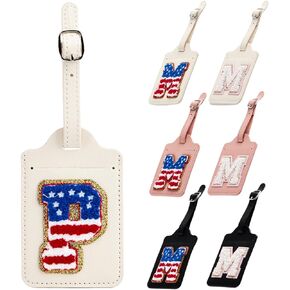 Initial Luggage Tags for Suitcases, PU Leather Letter Embroidered Baggage Tag with Privacy Cover ID Card Travel Bag Tags Gifts for Women Kids Teens Mom(Beige A)
