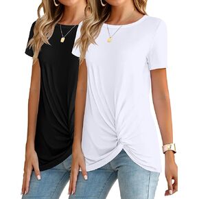 2 Pcs Women's Casual Summer Shirts, Twist Knot Tunic Tops Short Sleeve Tees Crew Neck Blouses Loose Comfy T Shirt