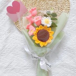 باقة زهور الكروشيه، عباد الشمس المحبوك يدويًا وزنبق الوادي، باقة الزهور الاصطناعية الدافئة الأبدية، نباتات صناعية هدية ديكور المنزل للأم والأب المعلم (الوادي الوردي) (CEN18)