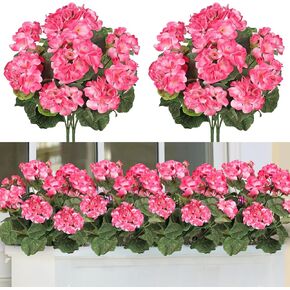 TOCHGREEN Artificial Pink Geranium Silk Flowers Outdoor Plant Bush 2 Bundles Faux Flowers Geraniums for Outdoors Floral Home Decor Indoor Garden Patio Vase Grave Cemetary Table Centerpieces Decor