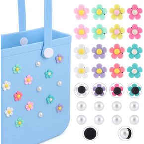 24pcs Silicone Flowers Charms for Bogg Bag，PVC Pearl Accessories for Bogg Bag，Insert Charms for Women's Simply Southern Totes Bag