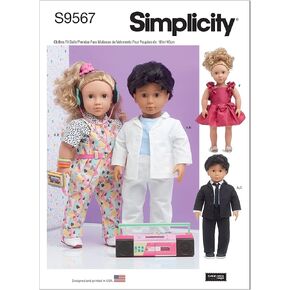 Simplicity Suit, T, Button-Front Shirt, Overall, and Party Dress Doll Clothes Sewing Pattern Kit, Code S9567, One Size, Multicolor
