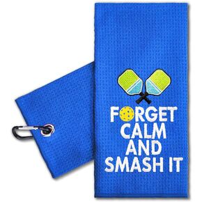 Forget Calm and Smash It Embroidered Pickleball Sports Towel with Clip. Funny Pickleball Gifts for Men Women Pickleball Lover, Birthday Retirement Mother's Day