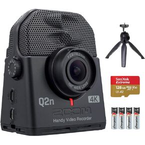 Zoom Q2n-4K Ultra High Definition Handy Video Recorder with Table Tripod Hand Grip, and SanDisk 128GB Extreme microSDXC Card and Energizer Premium Max AA Batteries