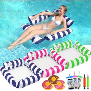 3 Pack Inflatable Pool Floats Adult, 4-in-1 Multi-Purpose Pool Float Rafts Water Hammock with Cup Holders, Pool Floaties for Adults Swimming Pool Lake Beach