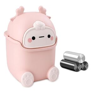 Cute Desktop Trash Can Wastebasket with 90 Trash Bags, Creative Tiny Countertop Garbage Can with Flip Lid, Small Plastic, Pink