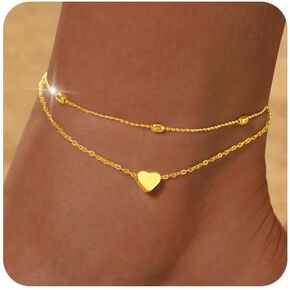 FUNEIA Gold Silver Ankle Bracelets for Women Plus Size Waterproof 14K Gold Plated Anklets for Women Big Ankles Non Tarnish Dainty Layered Beaded Heart Anklet Set Summer Beach Foot Chain Jewelry Gifts
