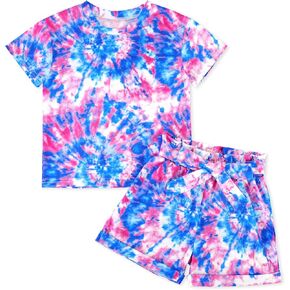 Girls Clothes Two Piece Tie Dye Summer Vacation Outfits Clothing Shirt and Shorts Matching Sets for Girls 4-13 Years