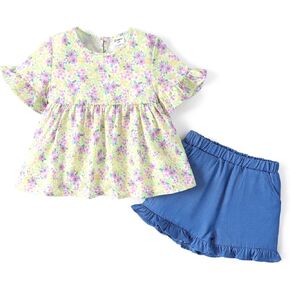 PATPAT Toddler Girls Summer Clothes Short Sleeve Floral Top Shirt Ruffle Elastic Shorts Set Cute 2 Piece Outfits 2-6Y