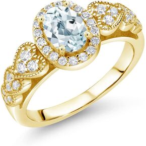 Gem Stone King 1.18 Ct Oval Sky Blue Aquamarine 18K Yellow Gold Plated Silver Engagement Ring