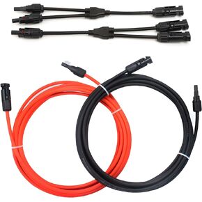 20 FT 10AWG Solar Extension Cable with Female and Male Connector with Extra Free Pair of Solar Y Connector Adaptor Kit for Home, Ship and RV Solar Panels (20FT Red + 20FT Black)