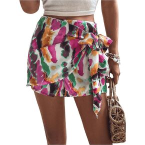MakeMeChic Women's Knot Side Wrap Shorts Tie Dye Zip Back Skort Casual Summer Shorts
