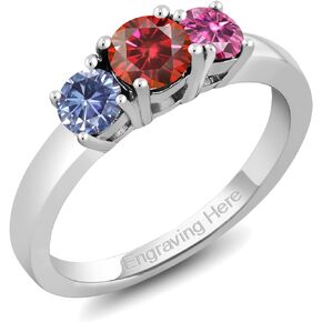 Gem Stone King 925 Sterling Silver Customized and Personalized 3 Gemstone Birthstone Name Engraved Ring For Women | Round 5MM and 4MM | Available In Size 5, 6, 7, 8, 9