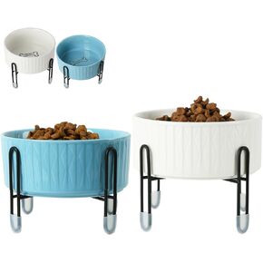 OMAYKEY 32 OZ Raised Dog Cat Bowls with Elevated Metal Stand, 6.5 Inch Ceramic Round Pet Food and Water Feeder Bowl Dish for Cats & Dogs, White & Blue, Set of 2