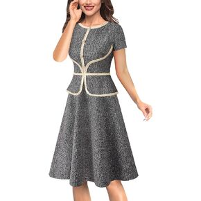 VFSHOW Womens Buttons Peplum Work Business Office Church Crew Neck Colorblock Fit and Flare A-Line Knee Length Dress