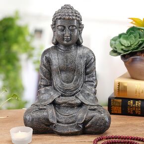 MyGift 11.5-Inch Sitting Buddha Statue, Premium Gray Resin Meditation Zen Buddha Home Decor, Decorative Yoga, Garden, Alter, Prayer Spiritual Living Figurine