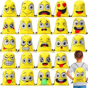 24 Pcs Emoticon Drawstring Backpack for Emotion Party Supplies Backpack Bags Shoulder Gym Drawstring Bags Stuff Swimming Bag Nylon Backpack for Boys Girls Kids Candy Favors Party Gift…