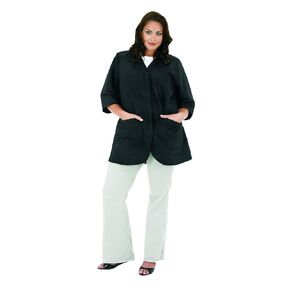A Size Above Plus Size Salon Stylist Jacket, Cut for Curves, Three-quarter Length Sleeves, Button Down Front, Two Lower Front Pockets, Lightweight, Water Resistant Nylon/Poly, Black, 1X