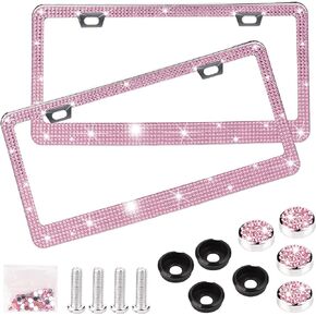 Bling License Plate Frame - iGreely 2Pack Sparkly Rhinestone License Plate Cover Stainless Steel Diamond Car License Plate Holder Bedazzled Tag Frame for Car Pink