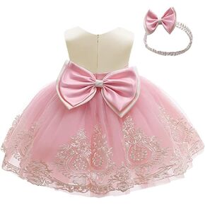 Baby Bowknot Pageant Lace Embroidery Dress Toddler Girls Birthday Wedding Formal Party Tutu Gown w/Headwear