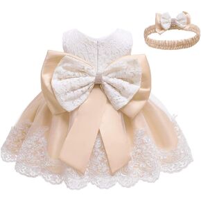 Baby Girl Christening Baptism Lace Dress Princess Bowknot Wedding Pageant Party Embroidery Formal Tutu Gown with Headband