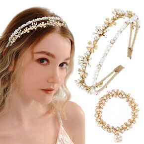 Gold Double Headbands Rhinestones Pearl Hair Band with Beaded Hair Ties Flower Head Band for Women and Girls (White)