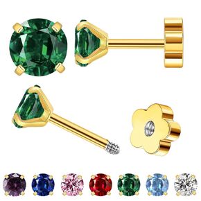 Small Gold Stud Flat Back Earrings for Women Girls, 14K Gold Plated Cubic Zirconia Screw Back Tiny Earrings, Hypoallergenic Flatback Dainty Cartilage Earring Jewelry Gifts for Teen Men(Amethyst)
