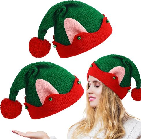 2 Pcs Funny Christmas Knitted Elf Hat with Ear,Christmas Elf Beanie One Size Elf Knitted Hat Warm Crotchet Hat for Festive Party Holiday Gnome Costume Teens Kids Adult Women Men in Saudi Arabia