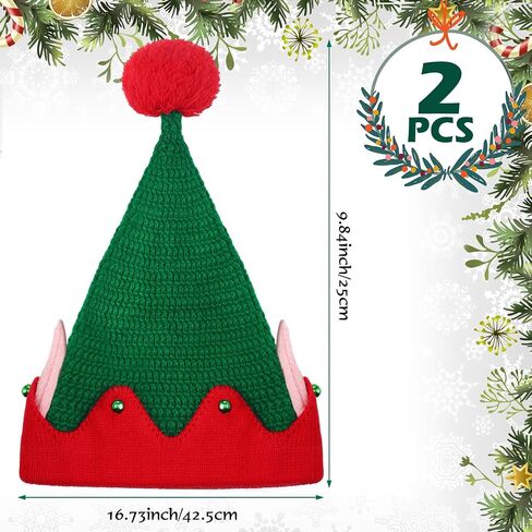 2 Pcs Funny Christmas Knitted Elf Hat with Ear,Christmas Elf Beanie One Size Elf Knitted Hat Warm Crotchet Hat for Festive Party Holiday Gnome Costume Teens Kids Adult Women Men in Saudi Arabia