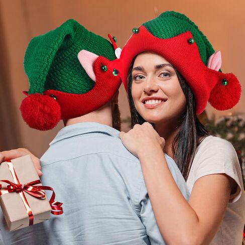 2 Pcs Funny Christmas Knitted Elf Hat with Ear,Christmas Elf Beanie One Size Elf Knitted Hat Warm Crotchet Hat for Festive Party Holiday Gnome Costume Teens Kids Adult Women Men in Saudi Arabia