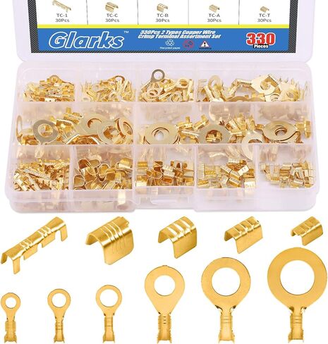 Glarks 330Pcs 2 Types Copper Wire CrimpTerminal Assortment Set Non-Insulated Copper Ring Spade Butt Lugs Open Barrel Connectors Kit in Saudi Arabia