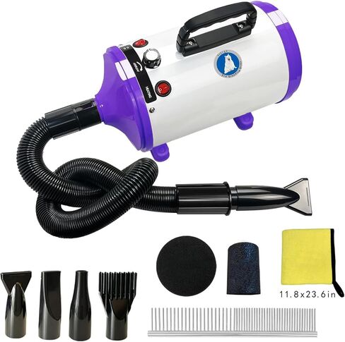 High Velocity Professional Dog Pet Grooming Dryer, Pet Grooming Hair Dryer - Dog Hair Dryer with Adjustable Temperature and Speed,with Pet Steel Comb, Pet Towel,Nozzles. (White Purple X1) in Saudi Arabia