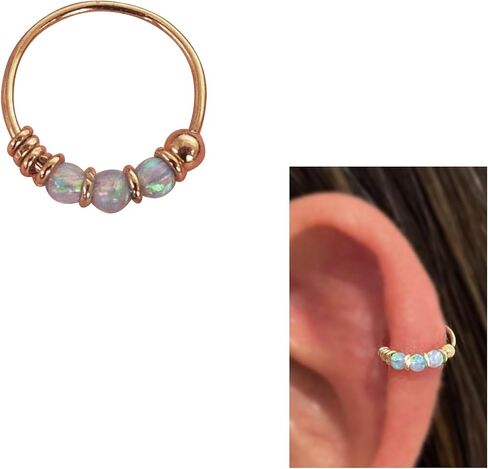 Gold Single - for ONE ear - 10mm Blue Opal Hoop Earring for Helix, Cartilage, 2nd Ear Piercing | MiYa Jewelry Handmade Gold Plated over Sterling Silver Hoop in Saudi Arabia