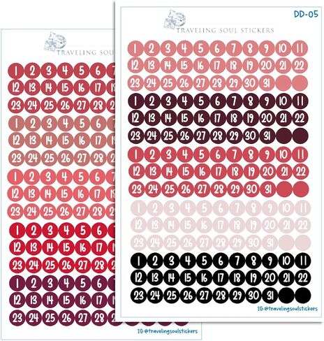 Date Dot Labels, Small Number Stickers, 10 month sets, Pink Roses Color Palette, 2 sheets, 330 total stickers 0.3' diameter, Planner and Journal Stickers by Traveling Soul Stickers in Saudi Arabia
