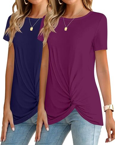 2 Pcs Women's Casual Summer Shirts, Twist Knot Tunic Tops Short Sleeve Tees Crew Neck Blouses Loose Comfy T Shirt in Saudi Arabia
