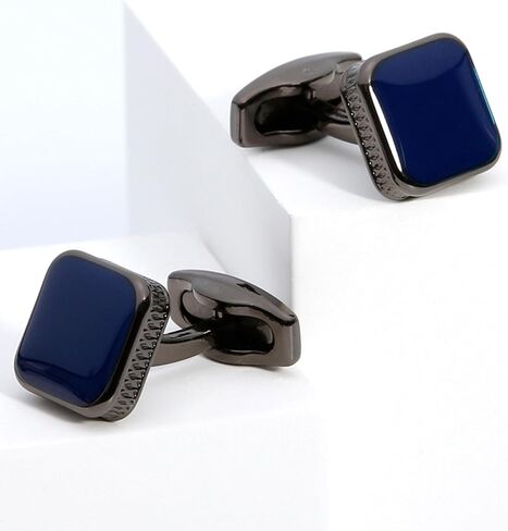 Classic Square Black/Blue Cufflinks for Men In Gift Case Handmade Silver/Black Tone Metal Men's Cufflinks Jewelry Set for Wedding Party Anniversary Business Events Dress in Saudi Arabia
