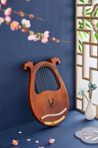 Lyre Harp, Binaural Antler Lyre 16 Metal Strings Maple Saddle Mahogany Body Lyre Harp with All Accessories Included (Wood color) in Saudi Arabia