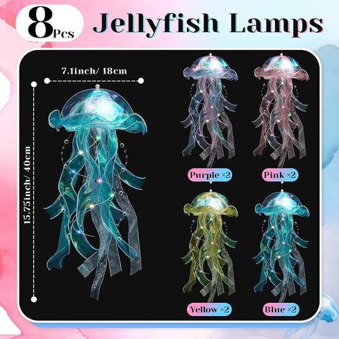 8 Pcs Jellyfish Lamp Colorful Jelly Fish Light Lamp Hanging Jellyfish Decorations LED Jellyfish Lantern for Birthday Under Sea Mermaid Wedding Baby Shower Ocean Theme Ceiling Bedroom Decor in Saudi Arabia