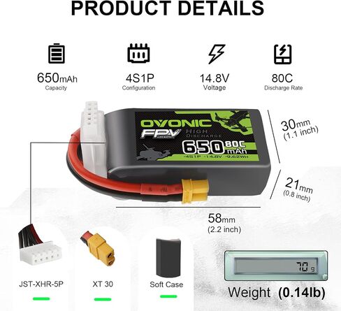 OVONIC 4s Lipo Battery 80C 650mAh 14.8V Lipo Battery with XT30 Connector for RC FPV Racing Drone Quadcopter in Saudi Arabia
