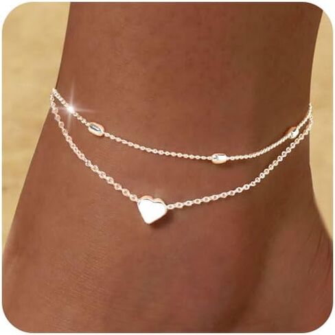 FUNEIA Gold Silver Ankle Bracelets for Women Plus Size Waterproof 14K Gold Plated Anklets for Women Big Ankles Non Tarnish Dainty Layered Beaded Heart Anklet Set Summer Beach Foot Chain Jewelry Gifts in Saudi Arabia