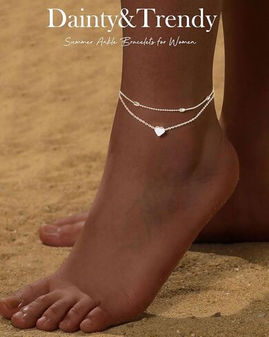 FUNEIA Gold Silver Ankle Bracelets for Women Plus Size Waterproof 14K Gold Plated Anklets for Women Big Ankles Non Tarnish Dainty Layered Beaded Heart Anklet Set Summer Beach Foot Chain Jewelry Gifts in Saudi Arabia