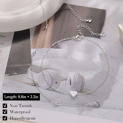 FUNEIA Gold Silver Ankle Bracelets for Women Plus Size Waterproof 14K Gold Plated Anklets for Women Big Ankles Non Tarnish Dainty Layered Beaded Heart Anklet Set Summer Beach Foot Chain Jewelry Gifts in Saudi Arabia